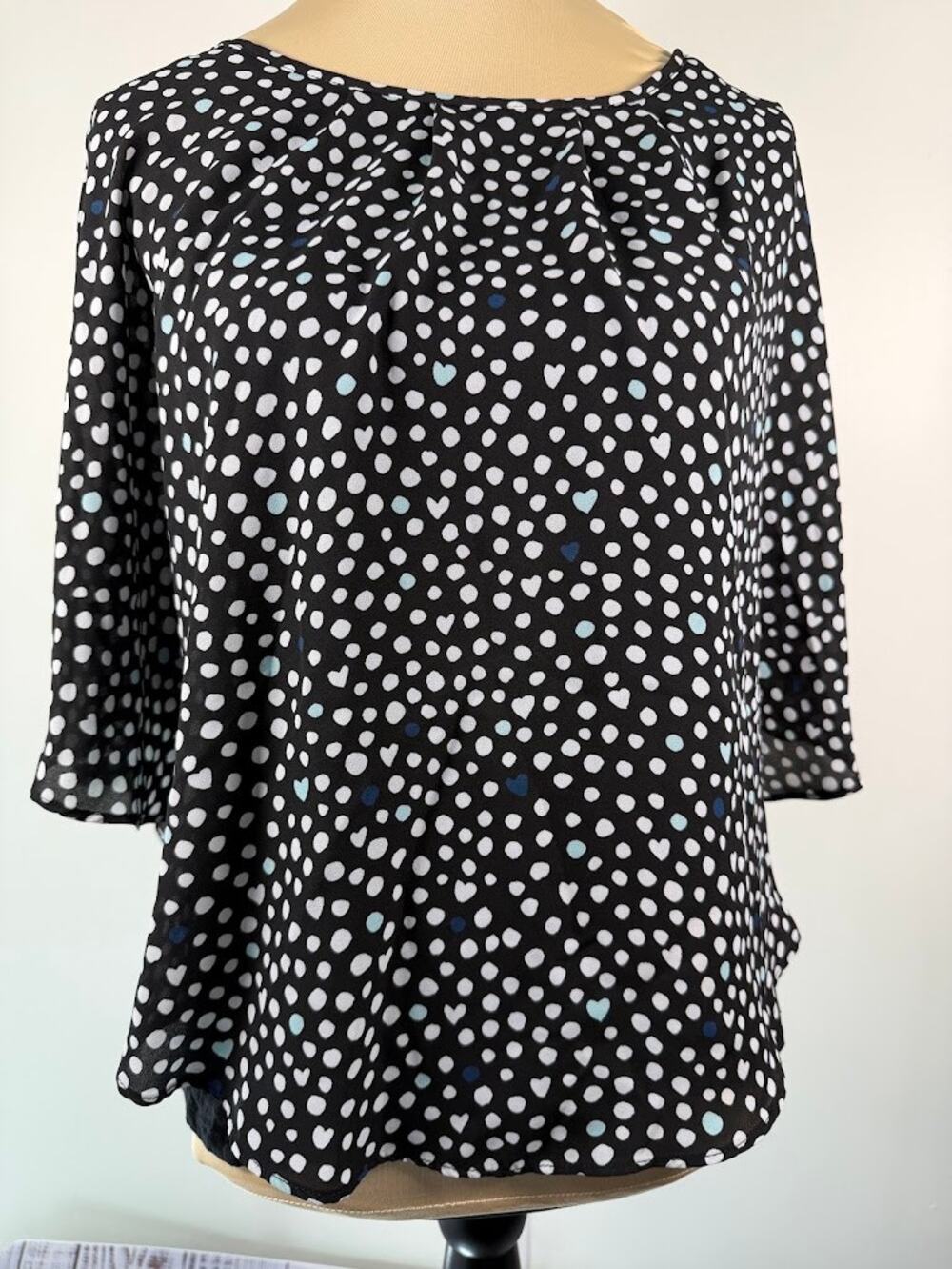 ELLE Womens Flutter Sleeve Blouse M Black White Polka Dot Heart Layered Top
